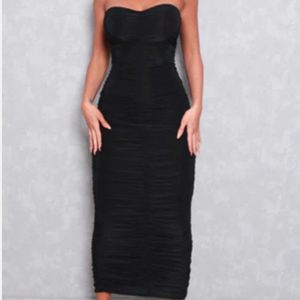 BLACK RUCHED BODYCON STRAPLESS MIDI DRESS SIZE L